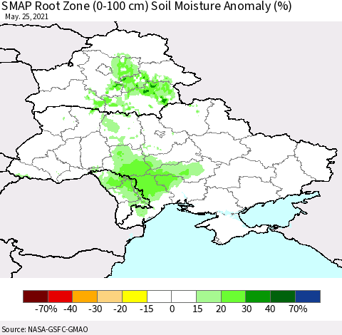 Ukraine, Moldova and Belarus SMAP Root Zone (0-100 cm) Soil Moisture Anomaly (%) Thematic Map For 5/21/2021 - 5/25/2021