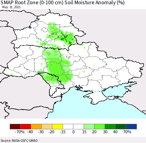 Ukraine, Moldova and Belarus SMAP Root Zone (0-100 cm) Soil Moisture Anomaly (%) Thematic Map For 5/26/2021 - 5/31/2021