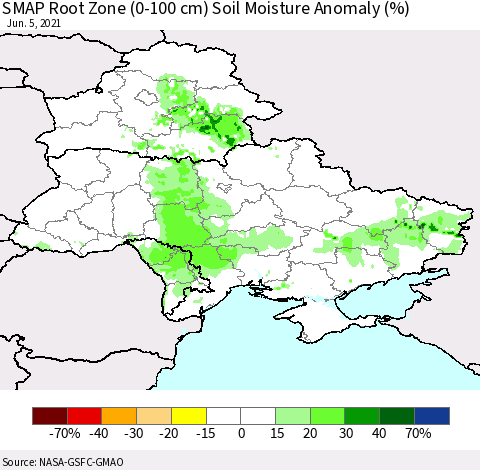 Ukraine, Moldova and Belarus SMAP Root Zone (0-100 cm) Soil Moisture Anomaly (%) Thematic Map For 6/1/2021 - 6/5/2021
