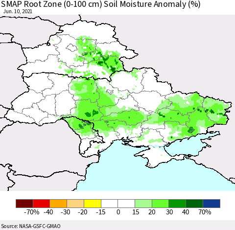 Ukraine, Moldova and Belarus SMAP Root Zone (0-100 cm) Soil Moisture Anomaly (%) Thematic Map For 6/6/2021 - 6/10/2021