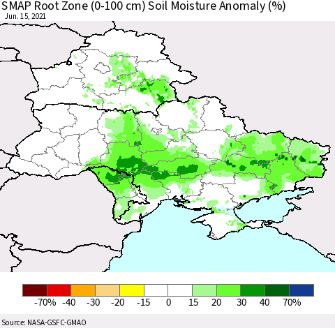 Ukraine, Moldova and Belarus SMAP Root Zone (0-100 cm) Soil Moisture Anomaly (%) Thematic Map For 6/11/2021 - 6/15/2021