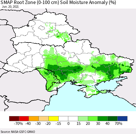 Ukraine, Moldova and Belarus SMAP Root Zone (0-100 cm) Soil Moisture Anomaly (%) Thematic Map For 6/16/2021 - 6/20/2021