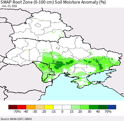 Ukraine, Moldova and Belarus SMAP Root Zone (0-100 cm) Soil Moisture Anomaly (%) Thematic Map For 6/21/2021 - 6/25/2021