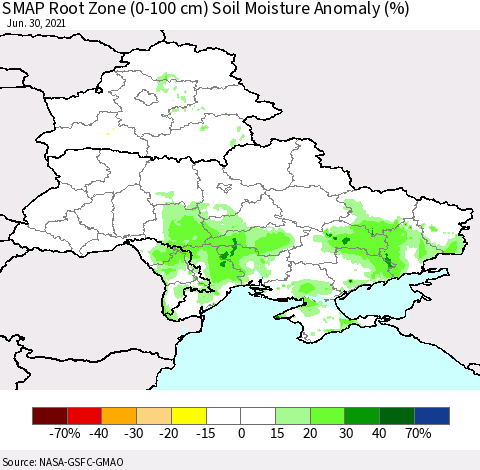 Ukraine, Moldova and Belarus SMAP Root Zone (0-100 cm) Soil Moisture Anomaly (%) Thematic Map For 6/26/2021 - 6/30/2021