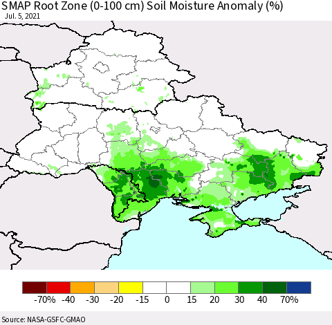 Ukraine, Moldova and Belarus SMAP Root Zone (0-100 cm) Soil Moisture Anomaly (%) Thematic Map For 7/1/2021 - 7/5/2021