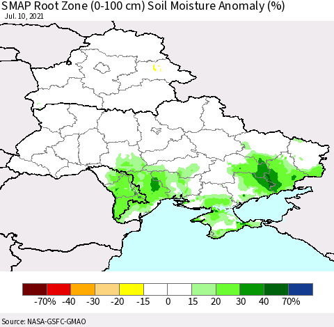 Ukraine, Moldova and Belarus SMAP Root Zone (0-100 cm) Soil Moisture Anomaly (%) Thematic Map For 7/6/2021 - 7/10/2021