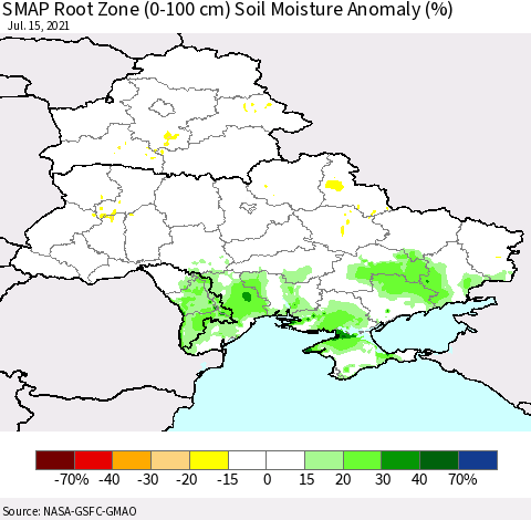 Ukraine, Moldova and Belarus SMAP Root Zone (0-100 cm) Soil Moisture Anomaly (%) Thematic Map For 7/11/2021 - 7/15/2021