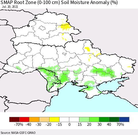 Ukraine, Moldova and Belarus SMAP Root Zone (0-100 cm) Soil Moisture Anomaly (%) Thematic Map For 7/16/2021 - 7/20/2021