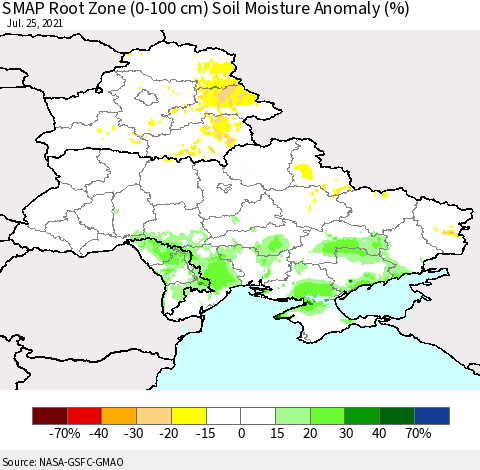 Ukraine, Moldova and Belarus SMAP Root Zone (0-100 cm) Soil Moisture Anomaly (%) Thematic Map For 7/21/2021 - 7/25/2021