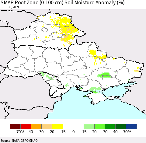 Ukraine, Moldova and Belarus SMAP Root Zone (0-100 cm) Soil Moisture Anomaly (%) Thematic Map For 7/26/2021 - 7/31/2021