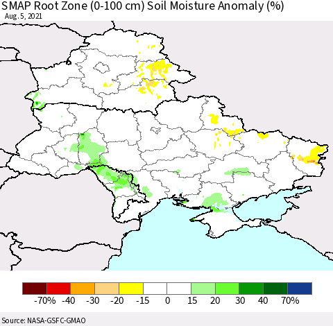 Ukraine, Moldova and Belarus SMAP Root Zone (0-100 cm) Soil Moisture Anomaly (%) Thematic Map For 8/1/2021 - 8/5/2021
