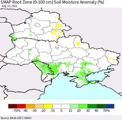 Ukraine, Moldova and Belarus SMAP Root Zone (0-100 cm) Soil Moisture Anomaly (%) Thematic Map For 8/6/2021 - 8/10/2021