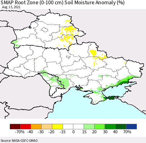 Ukraine, Moldova and Belarus SMAP Root Zone (0-100 cm) Soil Moisture Anomaly (%) Thematic Map For 8/11/2021 - 8/15/2021