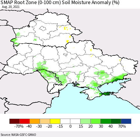 Ukraine, Moldova and Belarus SMAP Root Zone (0-100 cm) Soil Moisture Anomaly (%) Thematic Map For 8/16/2021 - 8/20/2021