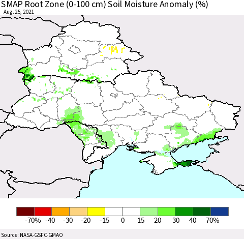 Ukraine, Moldova and Belarus SMAP Root Zone (0-100 cm) Soil Moisture Anomaly (%) Thematic Map For 8/21/2021 - 8/25/2021