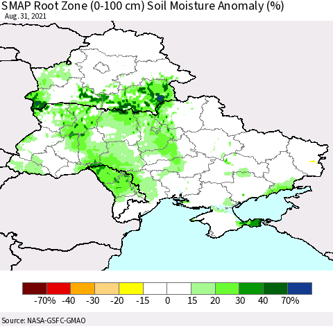 Ukraine, Moldova and Belarus SMAP Root Zone (0-100 cm) Soil Moisture Anomaly (%) Thematic Map For 8/26/2021 - 8/31/2021