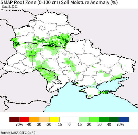 Ukraine, Moldova and Belarus SMAP Root Zone (0-100 cm) Soil Moisture Anomaly (%) Thematic Map For 9/1/2021 - 9/5/2021