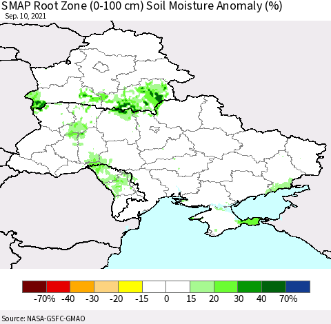 Ukraine, Moldova and Belarus SMAP Root Zone (0-100 cm) Soil Moisture Anomaly (%) Thematic Map For 9/6/2021 - 9/10/2021