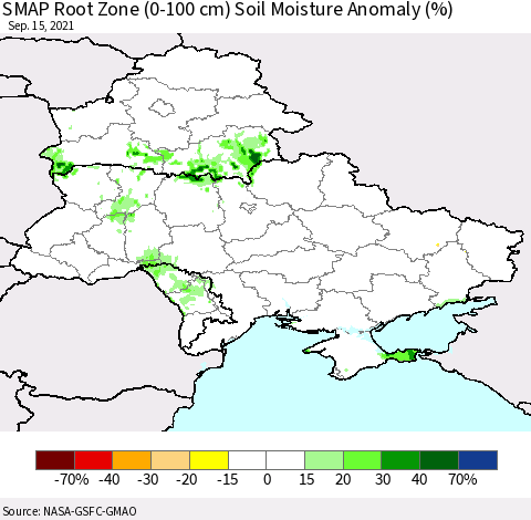 Ukraine, Moldova and Belarus SMAP Root Zone (0-100 cm) Soil Moisture Anomaly (%) Thematic Map For 9/11/2021 - 9/15/2021
