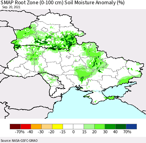 Ukraine, Moldova and Belarus SMAP Root Zone (0-100 cm) Soil Moisture Anomaly (%) Thematic Map For 9/16/2021 - 9/20/2021