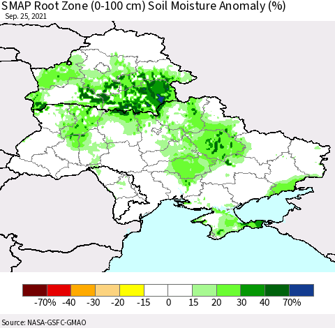 Ukraine, Moldova and Belarus SMAP Root Zone (0-100 cm) Soil Moisture Anomaly (%) Thematic Map For 9/21/2021 - 9/25/2021