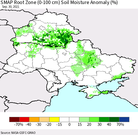 Ukraine, Moldova and Belarus SMAP Root Zone (0-100 cm) Soil Moisture Anomaly (%) Thematic Map For 9/26/2021 - 9/30/2021