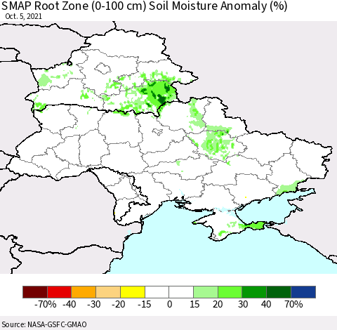 Ukraine, Moldova and Belarus SMAP Root Zone (0-100 cm) Soil Moisture Anomaly (%) Thematic Map For 10/1/2021 - 10/5/2021