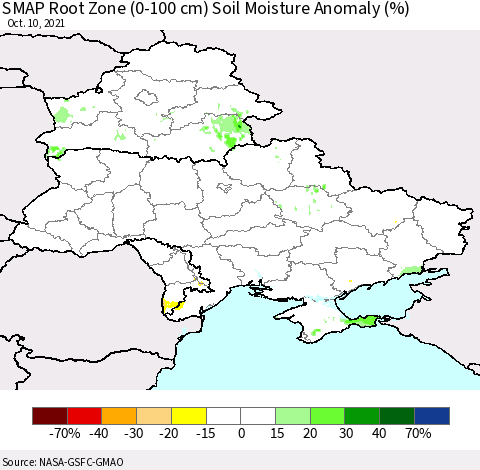 Ukraine, Moldova and Belarus SMAP Root Zone (0-100 cm) Soil Moisture Anomaly (%) Thematic Map For 10/6/2021 - 10/10/2021