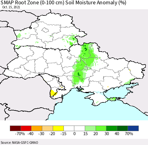 Ukraine, Moldova and Belarus SMAP Root Zone (0-100 cm) Soil Moisture Anomaly (%) Thematic Map For 10/11/2021 - 10/15/2021