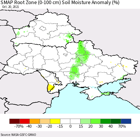 Ukraine, Moldova and Belarus SMAP Root Zone (0-100 cm) Soil Moisture Anomaly (%) Thematic Map For 10/16/2021 - 10/20/2021