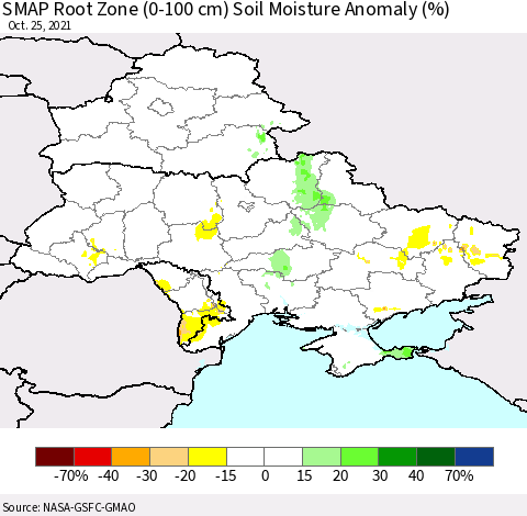Ukraine, Moldova and Belarus SMAP Root Zone (0-100 cm) Soil Moisture Anomaly (%) Thematic Map For 10/21/2021 - 10/25/2021