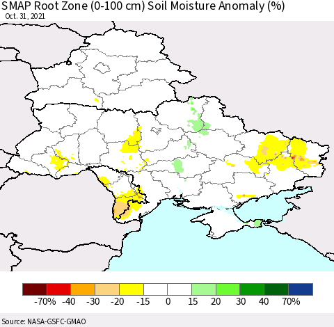 Ukraine, Moldova and Belarus SMAP Root Zone (0-100 cm) Soil Moisture Anomaly (%) Thematic Map For 10/26/2021 - 10/31/2021