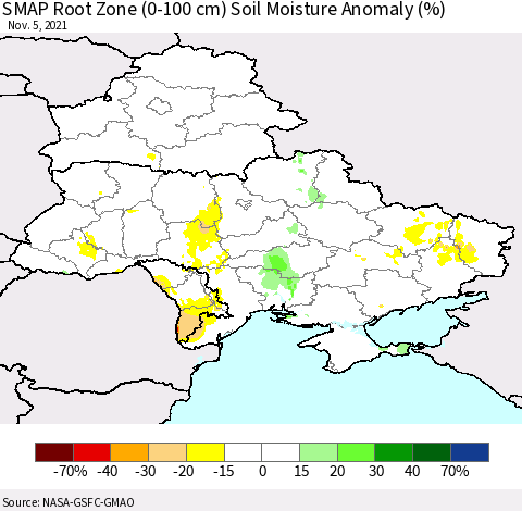 Ukraine, Moldova and Belarus SMAP Root Zone (0-100 cm) Soil Moisture Anomaly (%) Thematic Map For 11/1/2021 - 11/5/2021