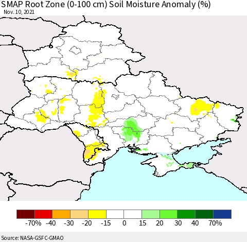 Ukraine, Moldova and Belarus SMAP Root Zone (0-100 cm) Soil Moisture Anomaly (%) Thematic Map For 11/6/2021 - 11/10/2021