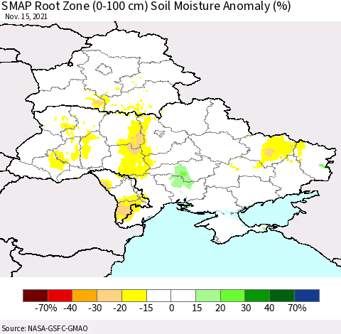 Ukraine, Moldova and Belarus SMAP Root Zone (0-100 cm) Soil Moisture Anomaly (%) Thematic Map For 11/11/2021 - 11/15/2021