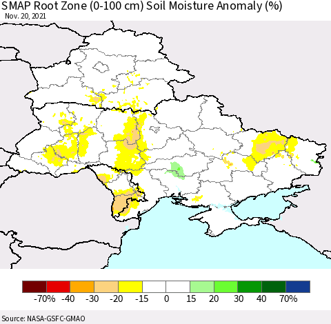 Ukraine, Moldova and Belarus SMAP Root Zone (0-100 cm) Soil Moisture Anomaly (%) Thematic Map For 11/16/2021 - 11/20/2021