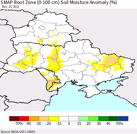 Ukraine, Moldova and Belarus SMAP Root Zone (0-100 cm) Soil Moisture Anomaly (%) Thematic Map For 11/21/2021 - 11/25/2021