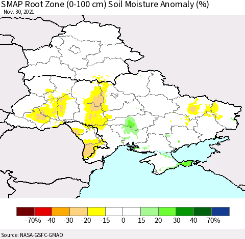 Ukraine, Moldova and Belarus SMAP Root Zone (0-100 cm) Soil Moisture Anomaly (%) Thematic Map For 11/26/2021 - 11/30/2021