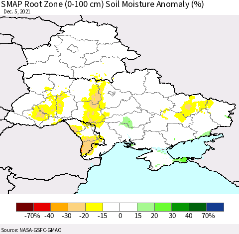 Ukraine, Moldova and Belarus SMAP Root Zone (0-100 cm) Soil Moisture Anomaly (%) Thematic Map For 12/1/2021 - 12/5/2021