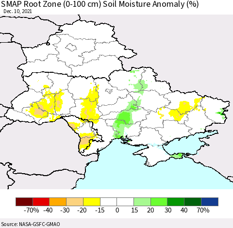 Ukraine, Moldova and Belarus SMAP Root Zone (0-100 cm) Soil Moisture Anomaly (%) Thematic Map For 12/6/2021 - 12/10/2021