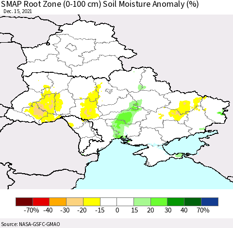Ukraine, Moldova and Belarus SMAP Root Zone (0-100 cm) Soil Moisture Anomaly (%) Thematic Map For 12/11/2021 - 12/15/2021