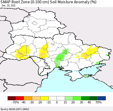 Ukraine, Moldova and Belarus SMAP Root Zone (0-100 cm) Soil Moisture Anomaly (%) Thematic Map For 12/16/2021 - 12/20/2021