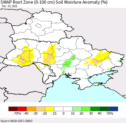 Ukraine, Moldova and Belarus SMAP Root Zone (0-100 cm) Soil Moisture Anomaly (%) Thematic Map For 12/21/2021 - 12/25/2021