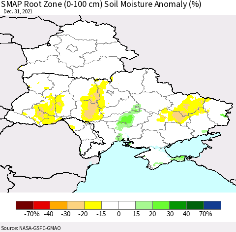 Ukraine, Moldova and Belarus SMAP Root Zone (0-100 cm) Soil Moisture Anomaly (%) Thematic Map For 12/26/2021 - 12/31/2021