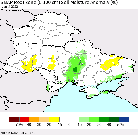 Ukraine, Moldova and Belarus SMAP Root Zone (0-100 cm) Soil Moisture Anomaly (%) Thematic Map For 1/1/2022 - 1/5/2022