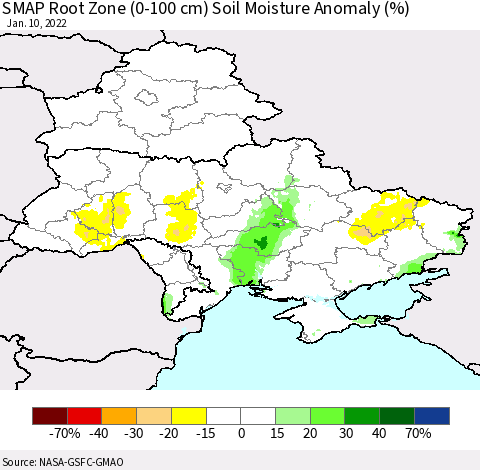 Ukraine, Moldova and Belarus SMAP Root Zone (0-100 cm) Soil Moisture Anomaly (%) Thematic Map For 1/6/2022 - 1/10/2022