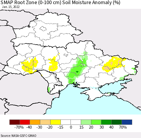 Ukraine, Moldova and Belarus SMAP Root Zone (0-100 cm) Soil Moisture Anomaly (%) Thematic Map For 1/11/2022 - 1/15/2022