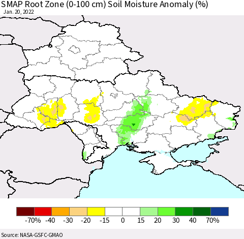 Ukraine, Moldova and Belarus SMAP Root Zone (0-100 cm) Soil Moisture Anomaly (%) Thematic Map For 1/16/2022 - 1/20/2022