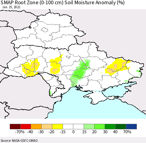Ukraine, Moldova and Belarus SMAP Root Zone (0-100 cm) Soil Moisture Anomaly (%) Thematic Map For 1/21/2022 - 1/25/2022