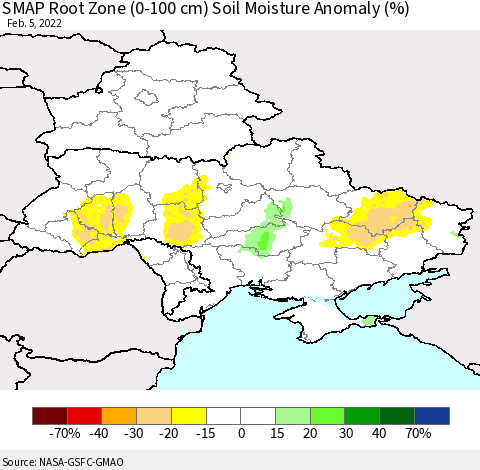 Ukraine, Moldova and Belarus SMAP Root Zone (0-100 cm) Soil Moisture Anomaly (%) Thematic Map For 2/1/2022 - 2/5/2022
